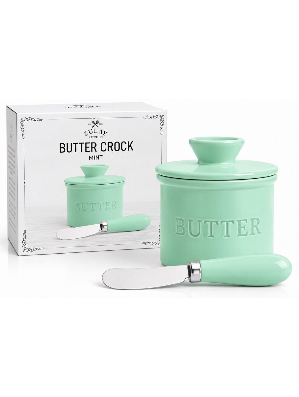 💚 Zulay Kitchen Butter Crock Mint Ceramic Butter Keeper w/ Spreader Knife